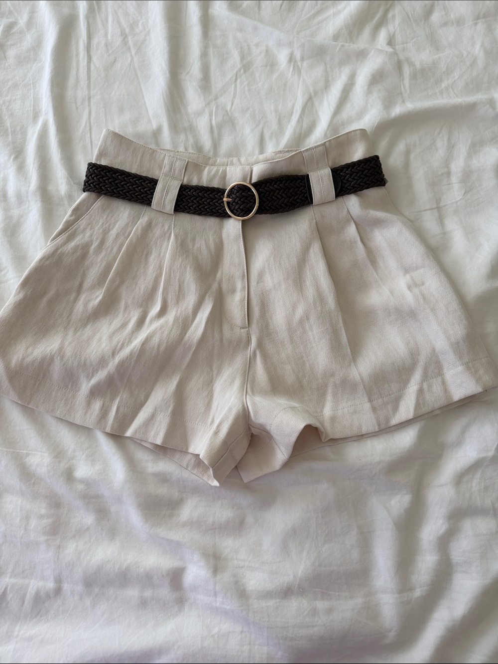 H&M Cream High-Waist Pleated Shorts with Dark Braided Belt
